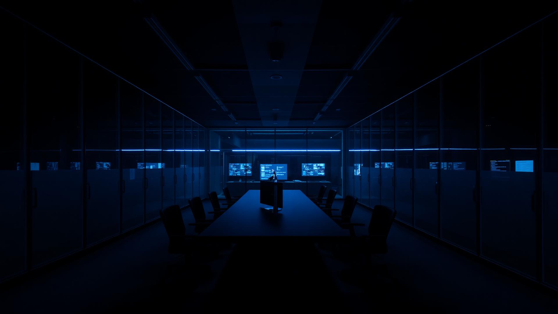 Ambiente executivo contemporâneo em tons de azul profundo, sem pessoas identificáveis