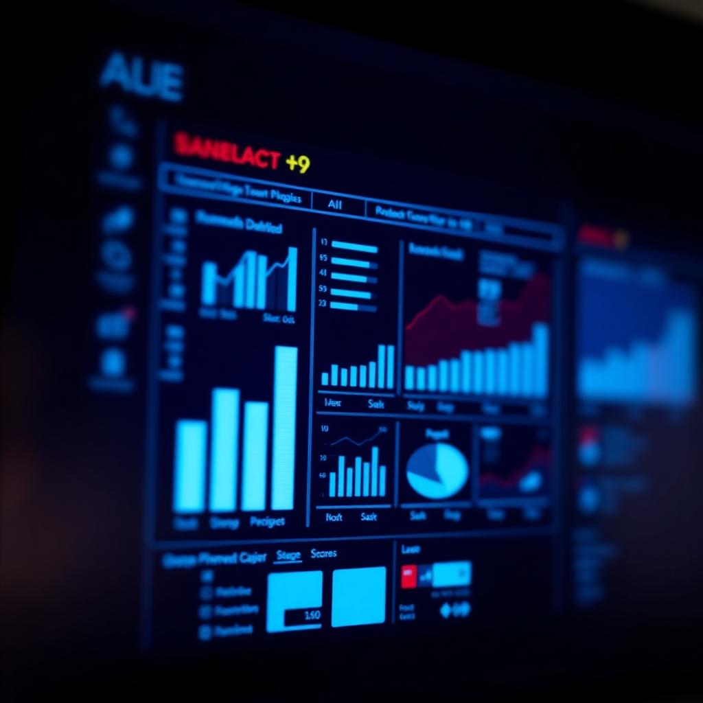 Tela escura com painéis analíticos genéricos e desfocados