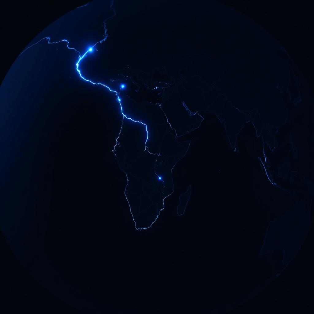 Representação abstrata de rotas internacionais em linhas luminosas azuis