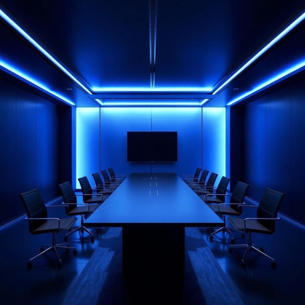 Sala de reunião executiva vazia iluminada em azul