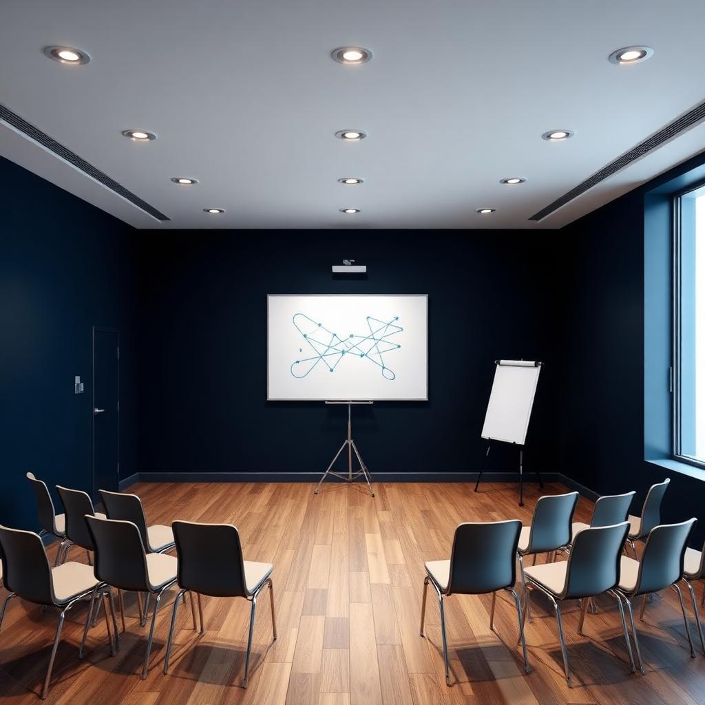 Sala de workshop preparada, com quadro e cadeiras em círculo